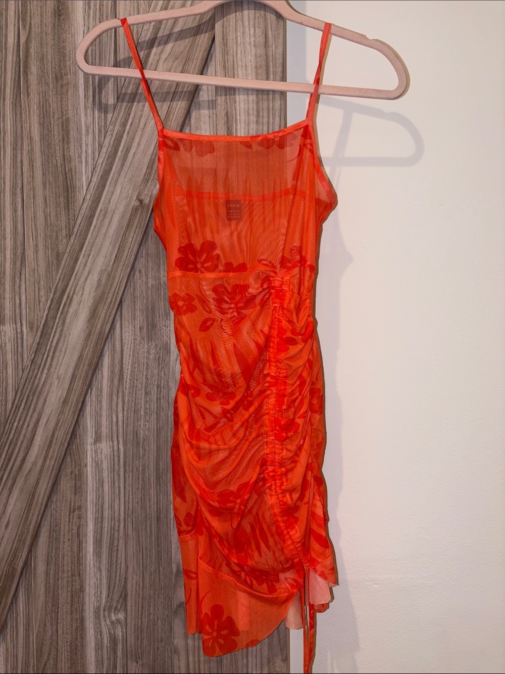 SHEIN Orange Floral Ruched Slip Mini Dress